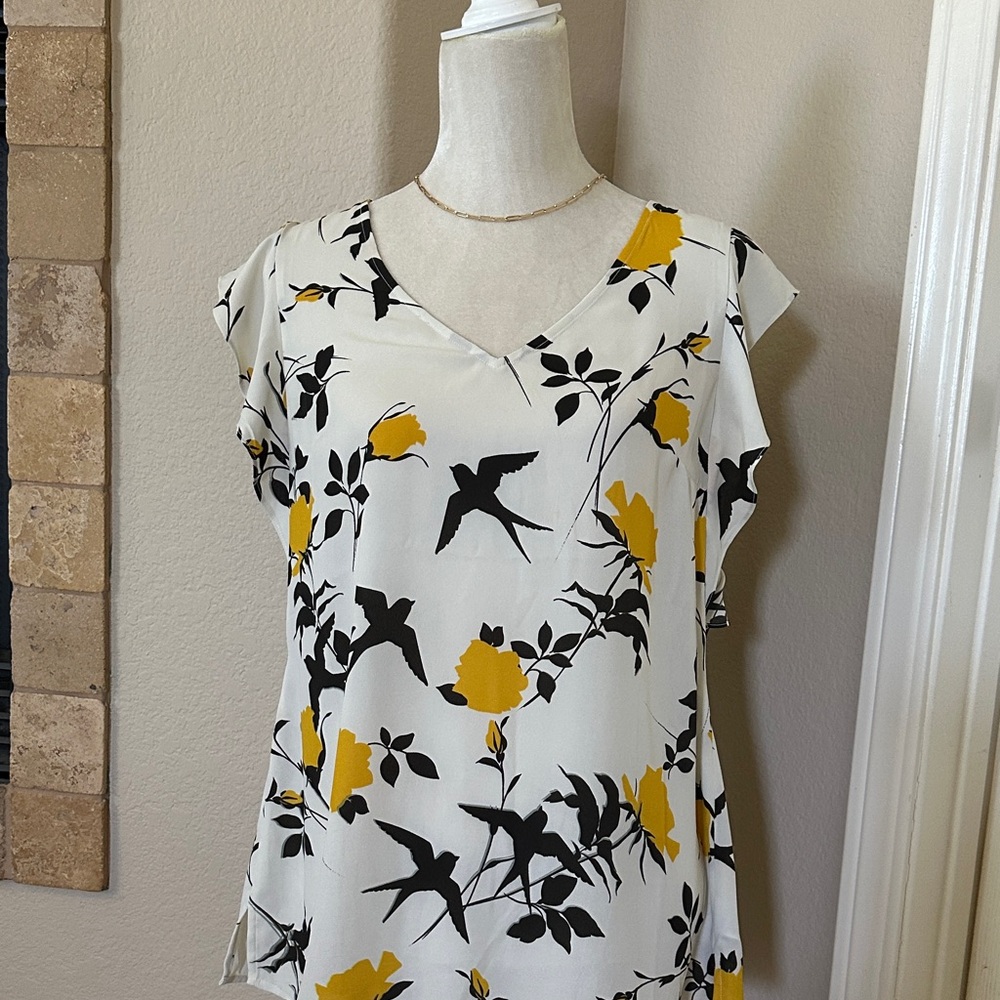 CAbi Black and Yellow Floral Blouse